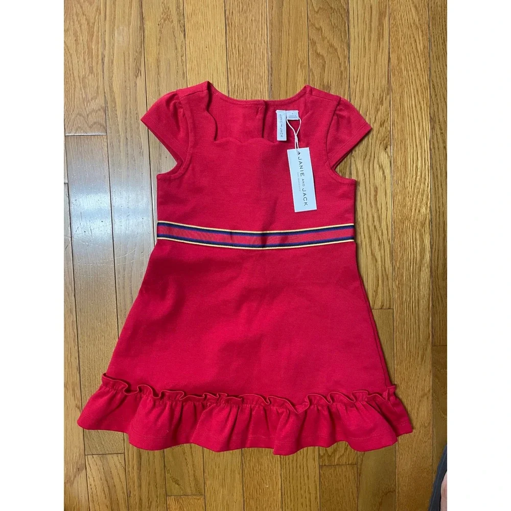 Janie and Jack Girls Red Scallop Neck Ruffle Hem Dress Size 3 NWT
